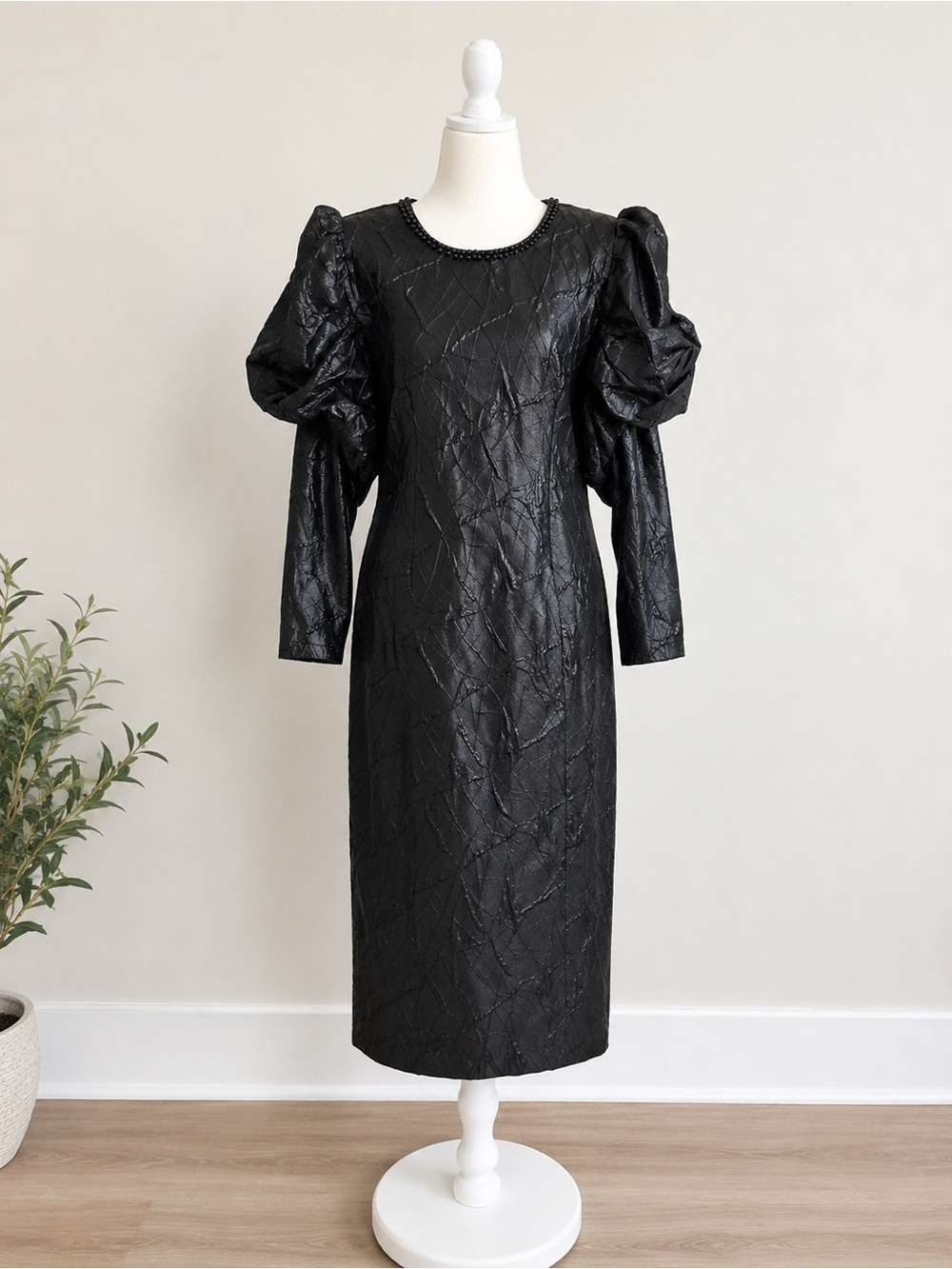 Chancele Black Textured Puff Sleeve Sheath Midi Dress Beaded Neck NWT Women’s 8